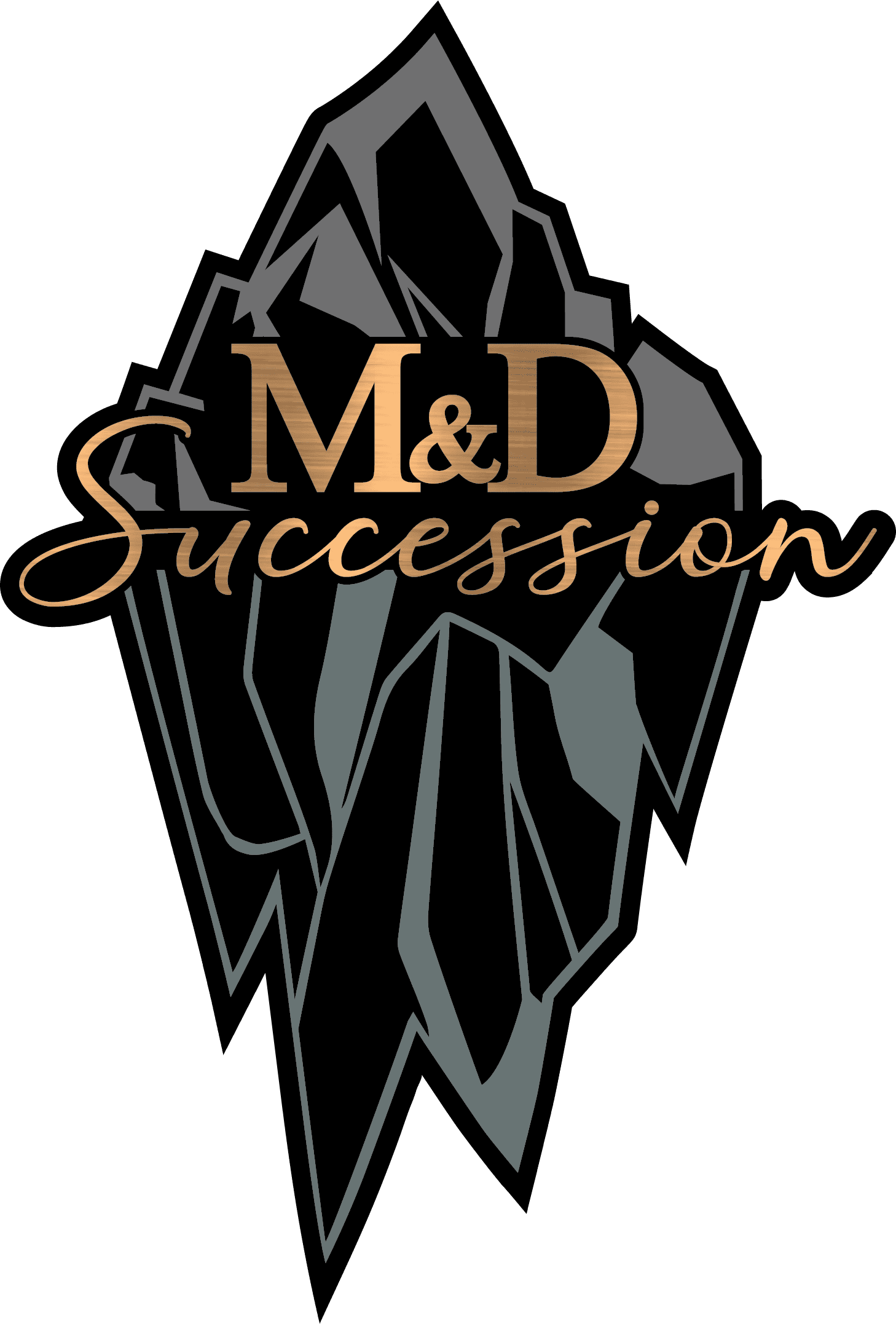 Elegant M&D Succession logo with stylized font and abstract background.