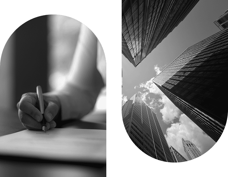 Black and white split image showing a hand writing and skyscrapers reaching to the sky.